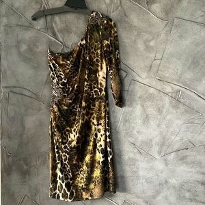 Cache animal print one shoulder party dress
